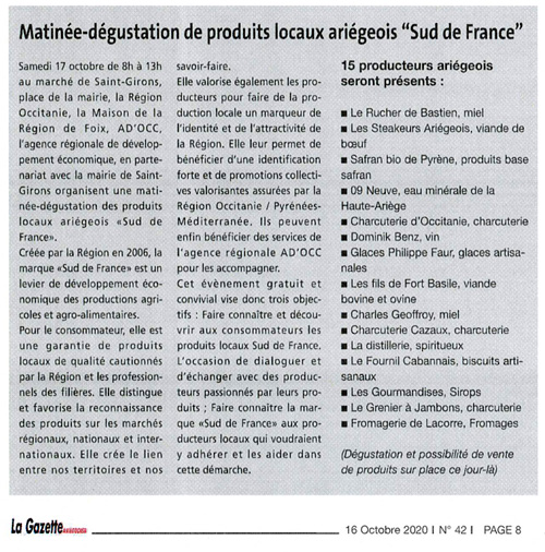 Article La Gazette Ariégeoise du 16/10/20